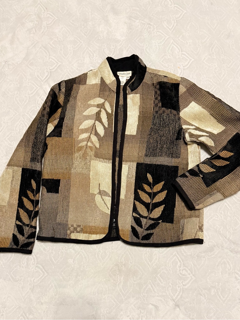Coldwater Creek Neutral Patchwork Leaf-Print Zip Jacket with Black Trim